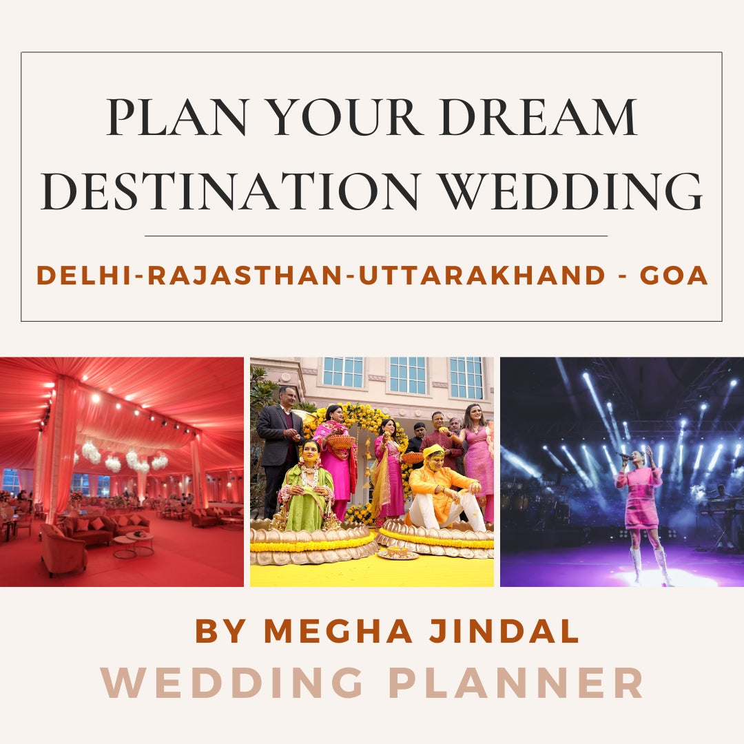 Promotional graphic for wedding planning services with images of a decorated venue, couple, and event.